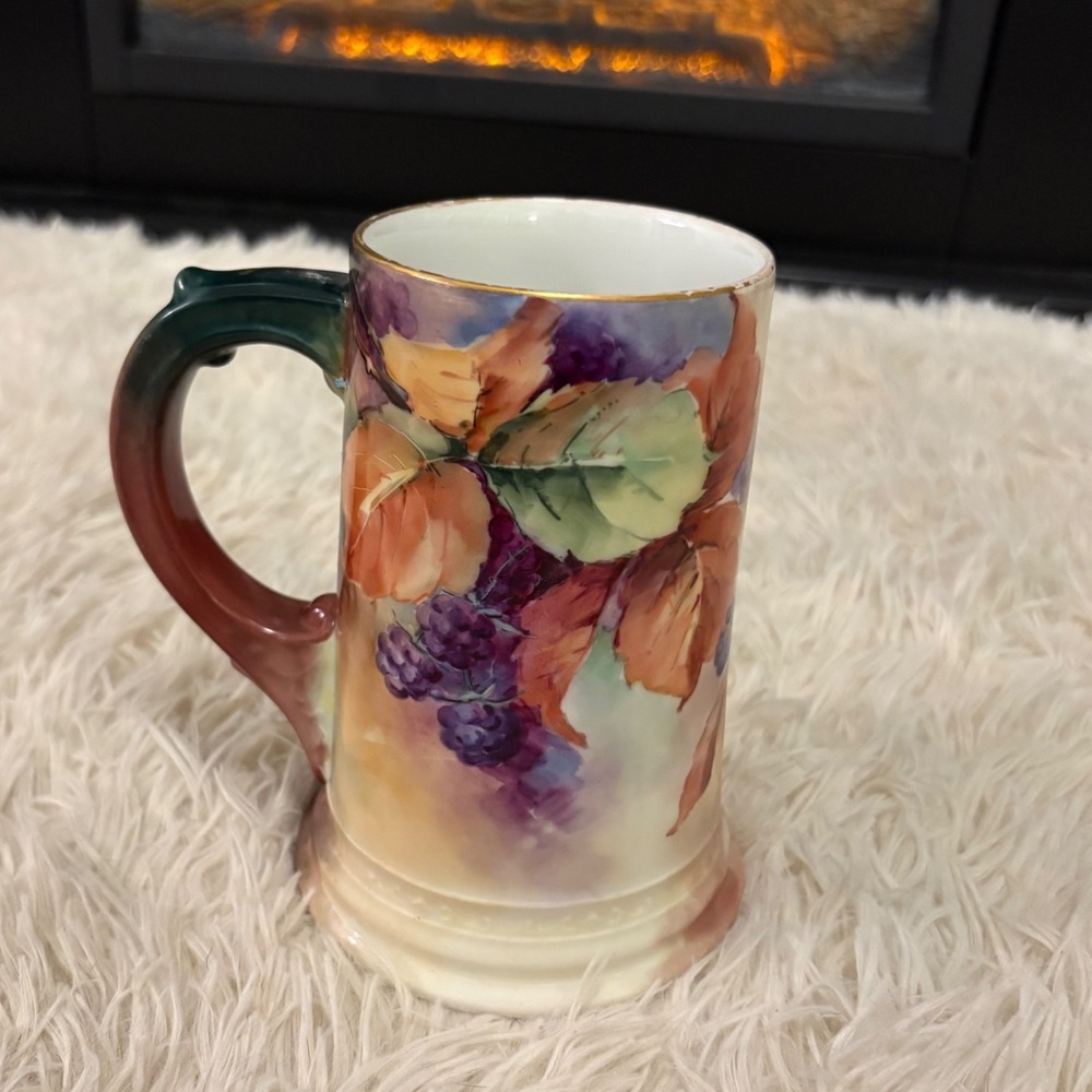 Limoges France W.G. & Co. Hand Painted Floral & Grape Beer Stein‎ Tankard Mug